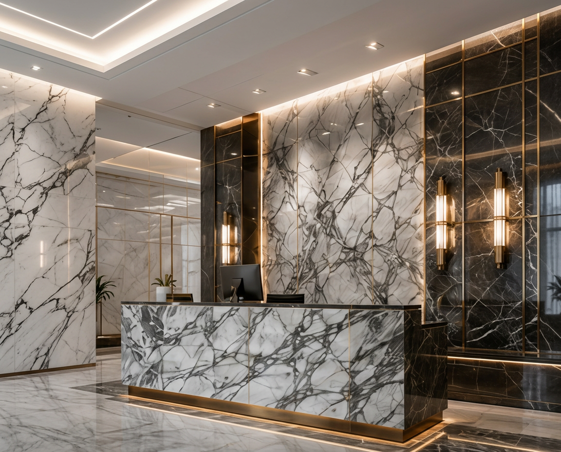 Hospitality reception desk clad in book-matched marble by Star Construction & Stone