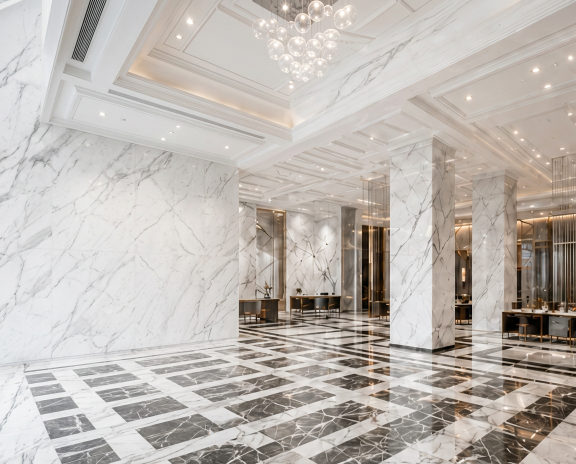 Commercial lobby with geometric black and white marble floors coordinated by Tri-State Tile