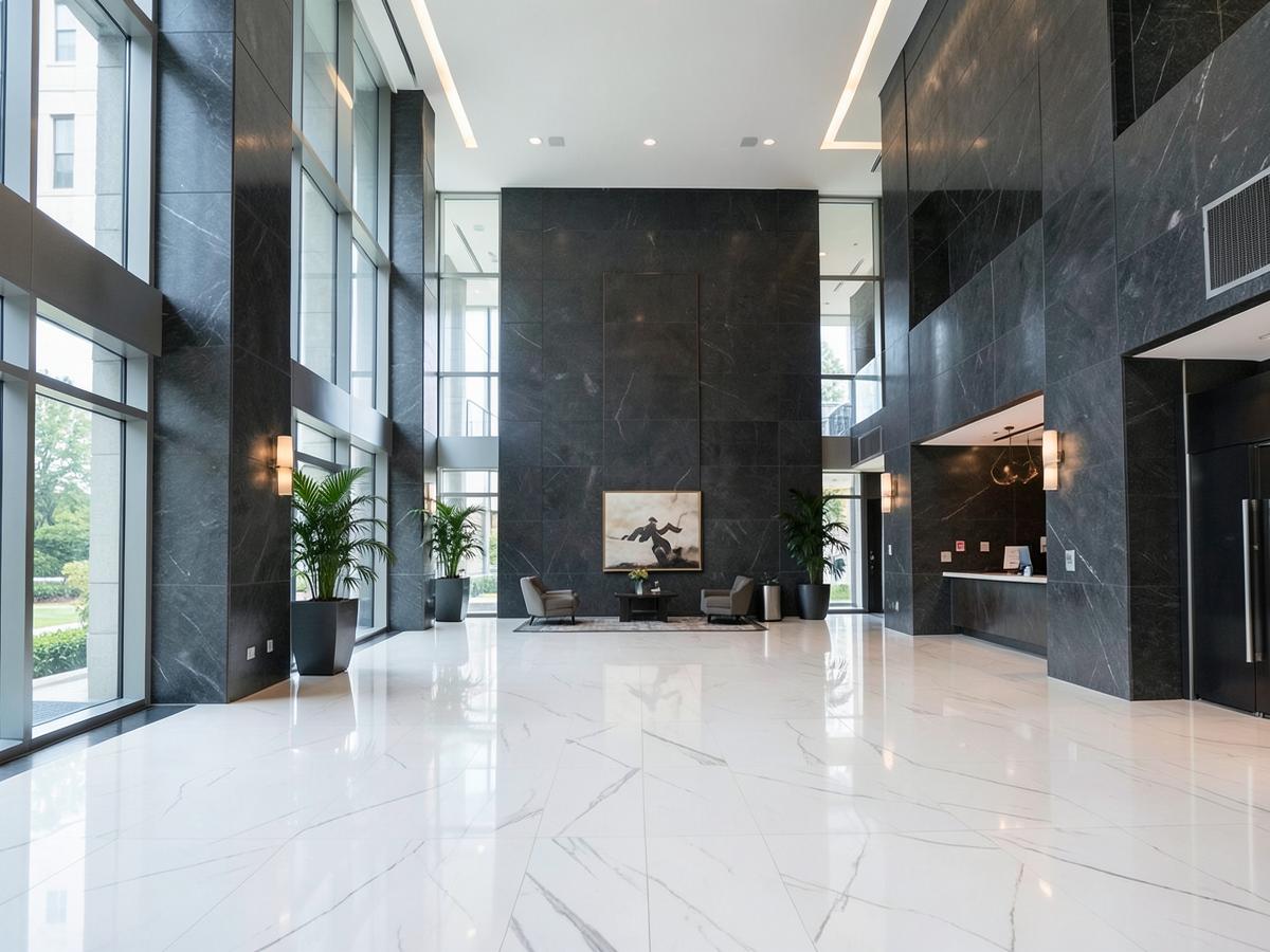 Corporate tower lobby with white marble floors