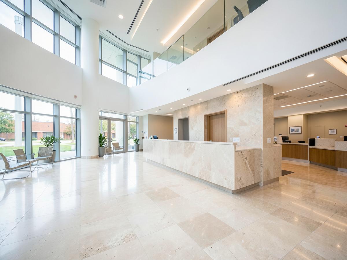 Hospital atrium lobby with stone tile floors