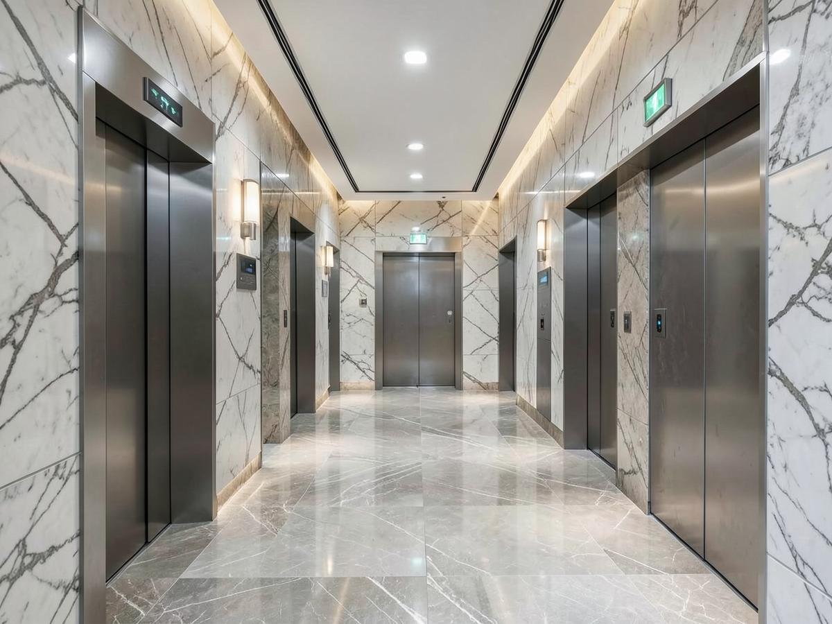 High-rise elevator lobby clad in marble