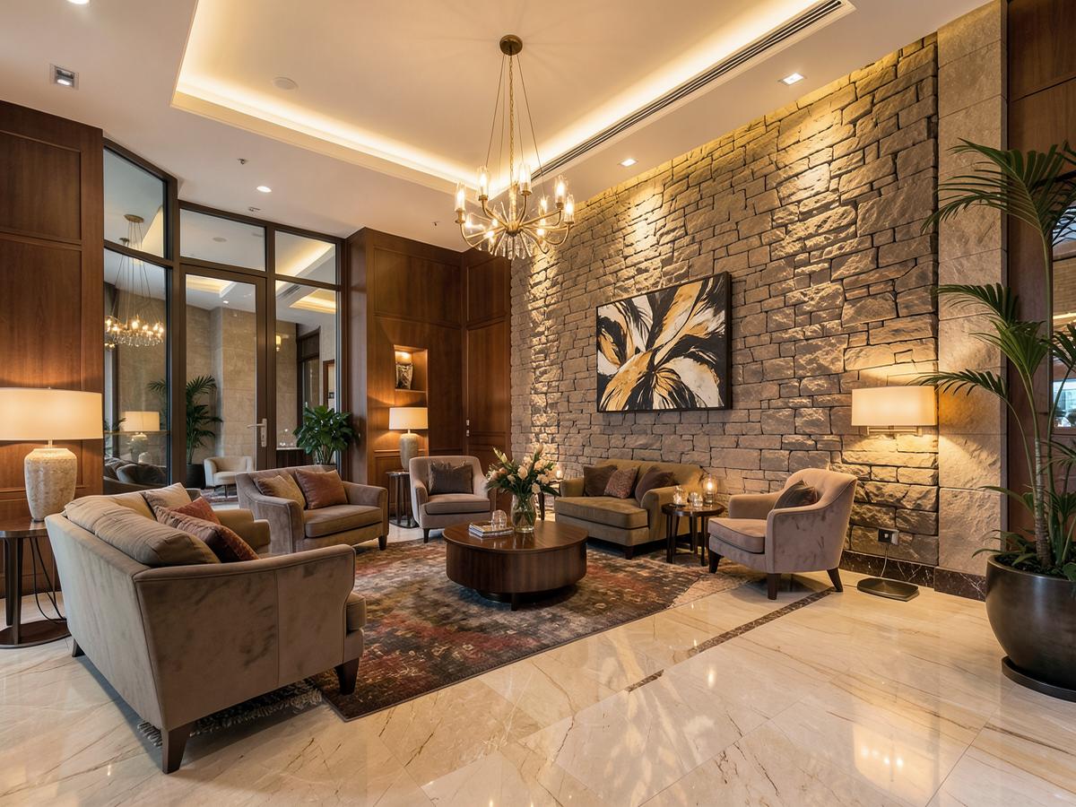 Luxury hotel lobby with marble flooring