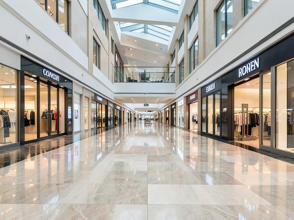 Retail concourse with polished stone floor tile