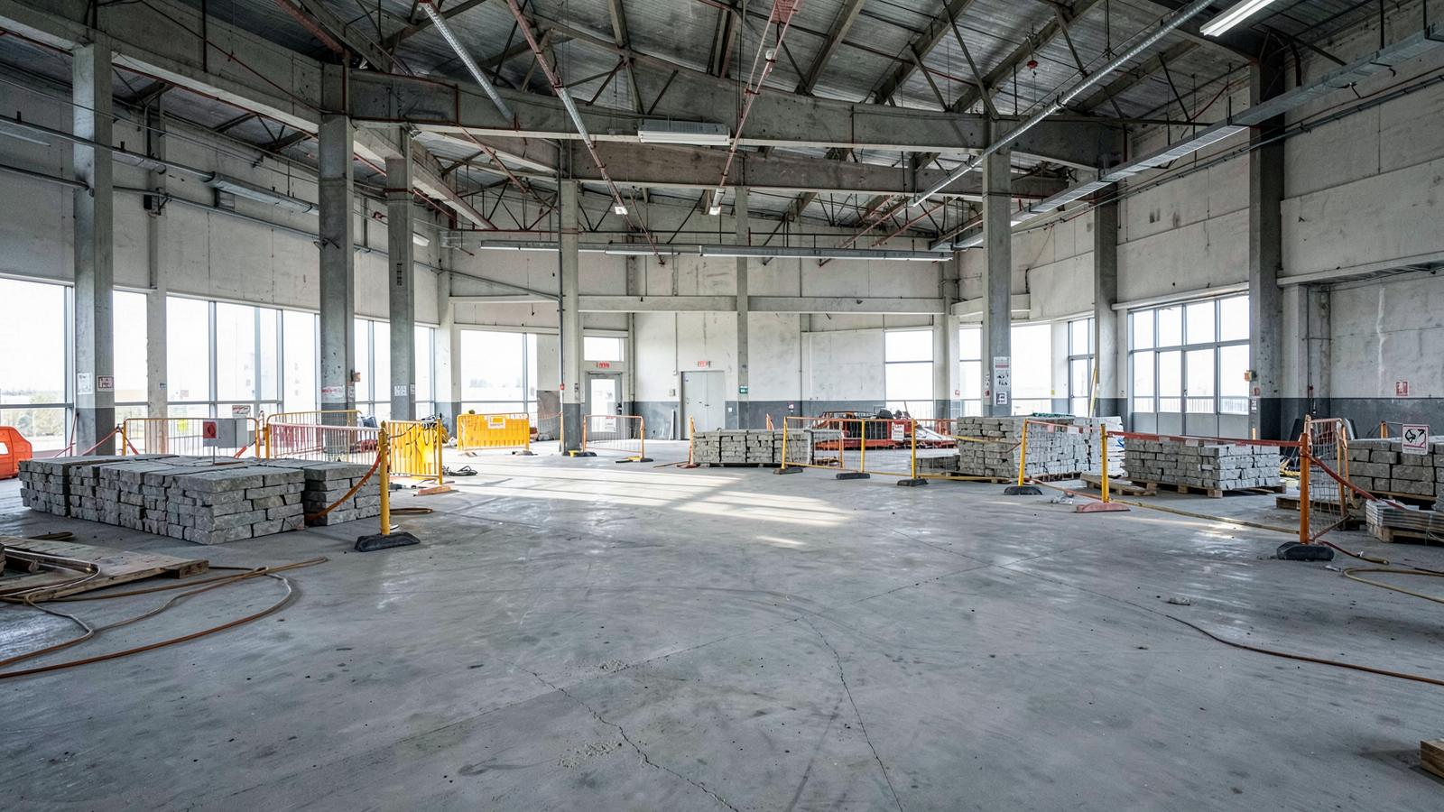 Organized commercial jobsite with stone material staged behind safety barriers