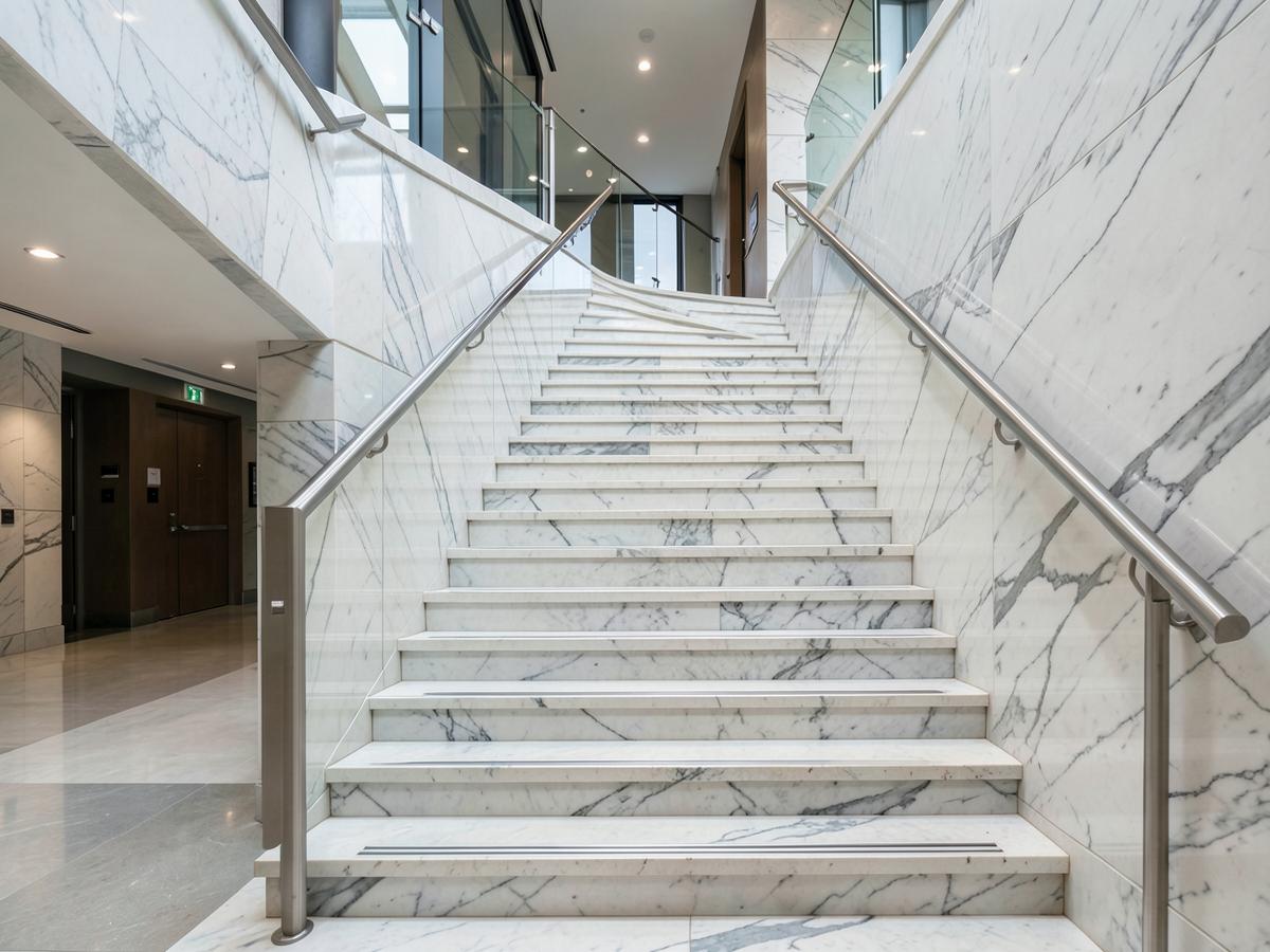 Stone stair treads and risers in a commercial stairwell