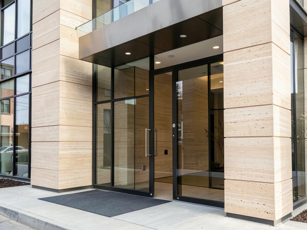 Natural stone cladding on a commercial wall