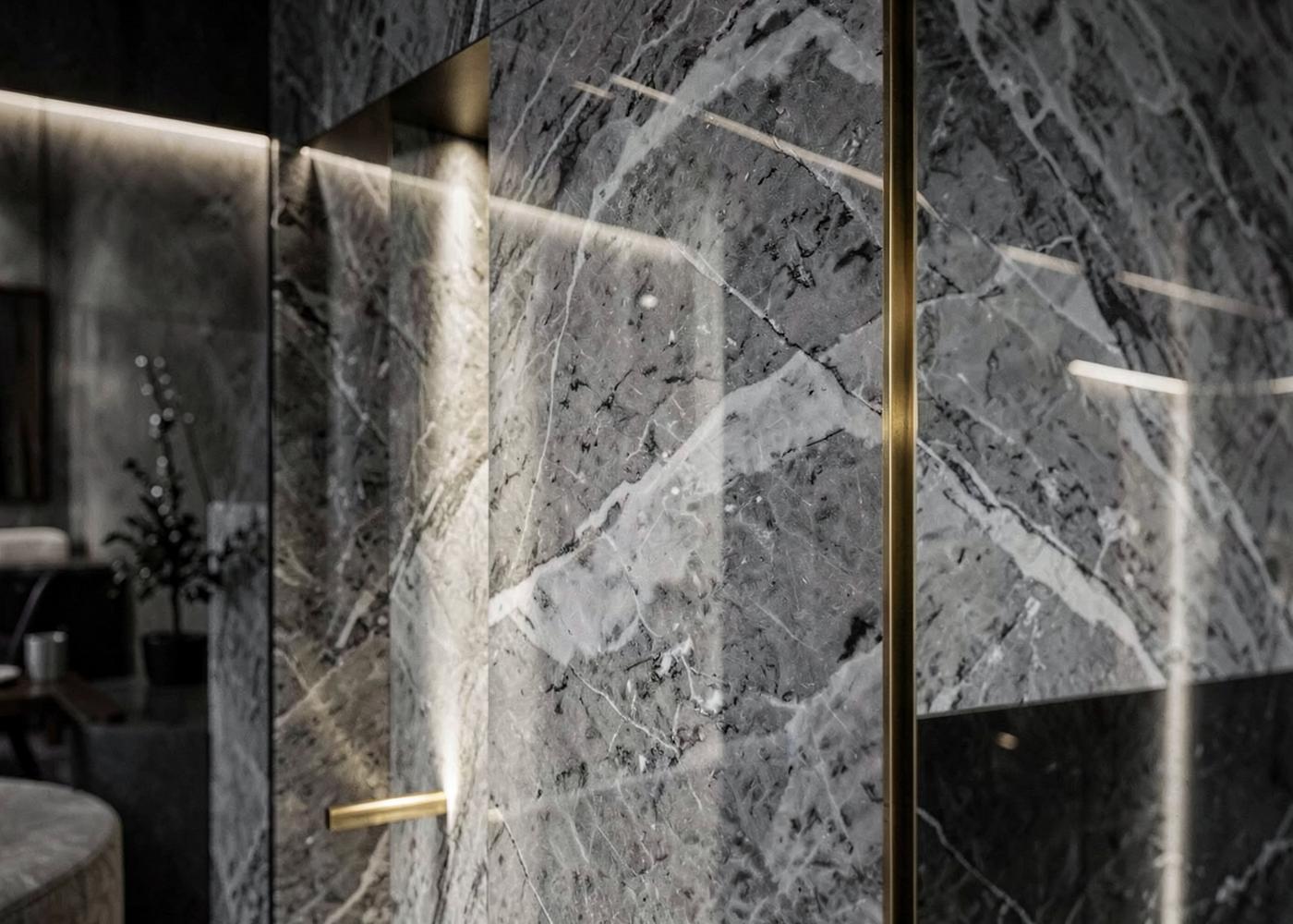 Detail of veined marble slab installation